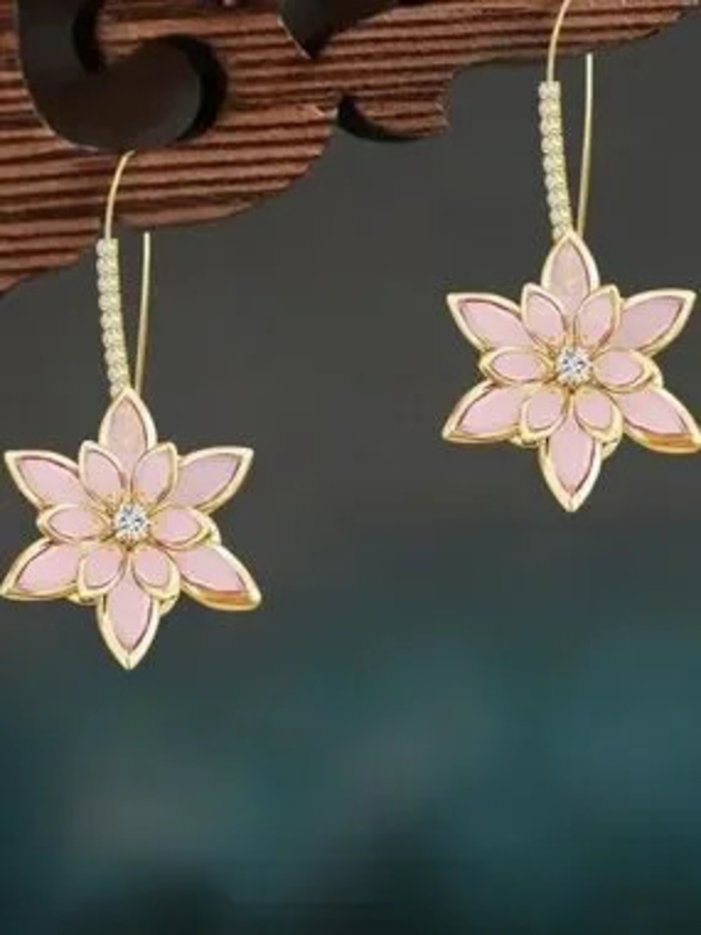 Anthropologie Pink Floral Drop Earrings with Gold Tone Detail